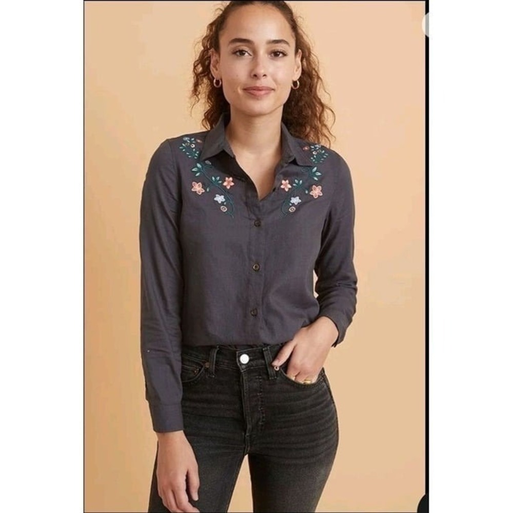 Marine Layer Aria LS Relaxed Embroidered Shirt faded black sz medium button down